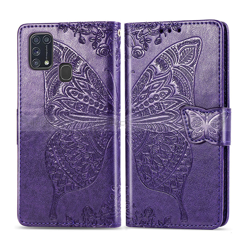 Coque Portefeuille Papillon Livre Cuir Etui Clapet pour Samsung Galaxy M21s Violet Plus