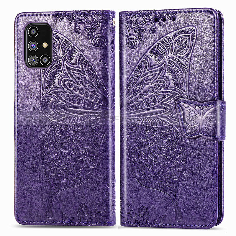 Coque Portefeuille Papillon Livre Cuir Etui Clapet pour Samsung Galaxy M31s Violet Plus