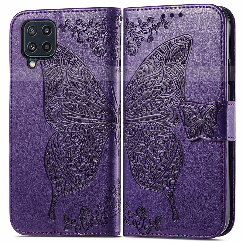 Coque Portefeuille Papillon Livre Cuir Etui Clapet pour Samsung Galaxy M32 4G Violet Plus