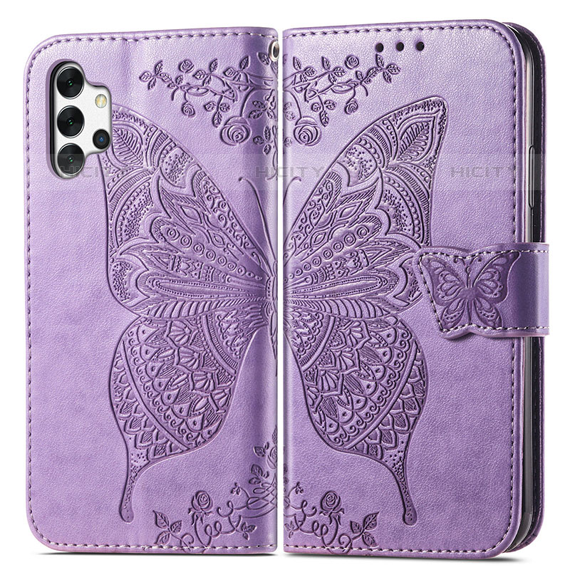 Coque Portefeuille Papillon Livre Cuir Etui Clapet pour Samsung Galaxy M32 5G Violet Clair Plus