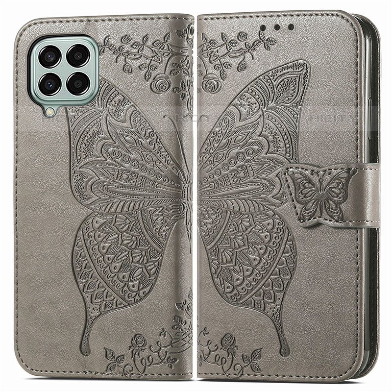 Coque Portefeuille Papillon Livre Cuir Etui Clapet pour Samsung Galaxy M33 5G Gris Plus