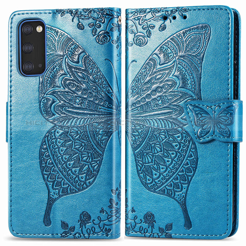 Coque Portefeuille Papillon Livre Cuir Etui Clapet pour Samsung Galaxy S20 5G Bleu Plus