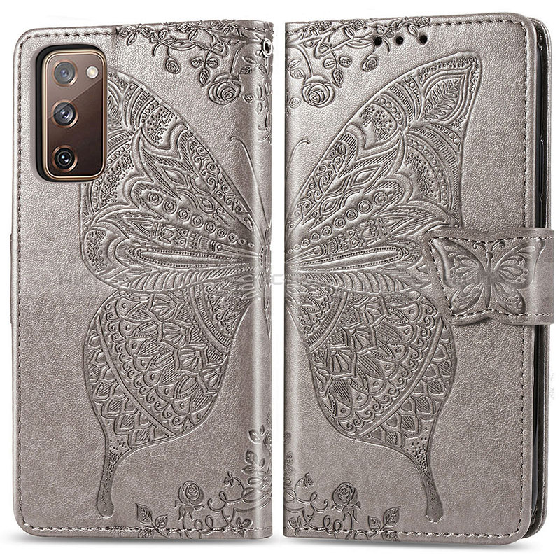 Coque Portefeuille Papillon Livre Cuir Etui Clapet pour Samsung Galaxy S20 FE 4G Gris Plus