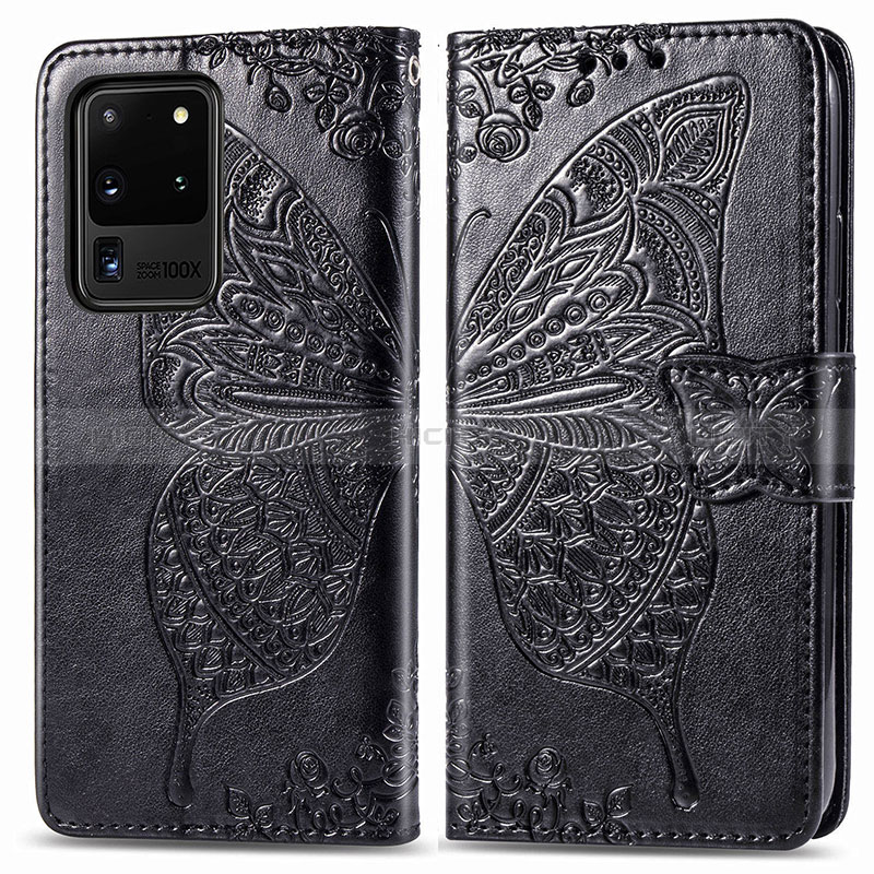 Coque Portefeuille Papillon Livre Cuir Etui Clapet pour Samsung Galaxy S20 Ultra 5G Noir Plus