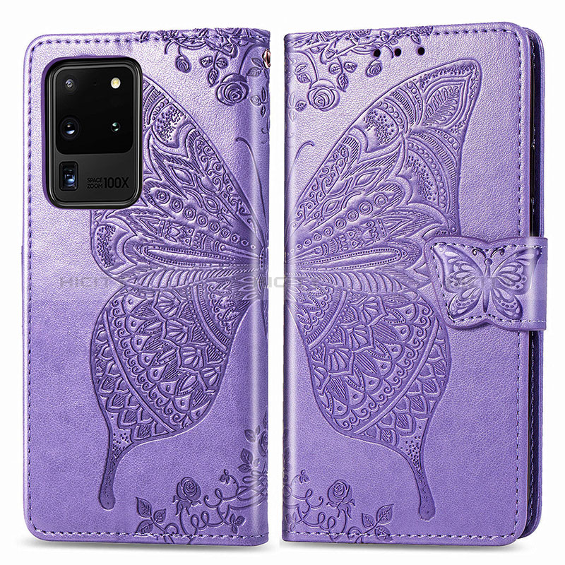 Coque Portefeuille Papillon Livre Cuir Etui Clapet pour Samsung Galaxy S20 Ultra 5G Violet Clair Plus