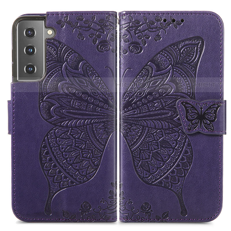 Coque Portefeuille Papillon Livre Cuir Etui Clapet pour Samsung Galaxy S21 5G Violet Plus