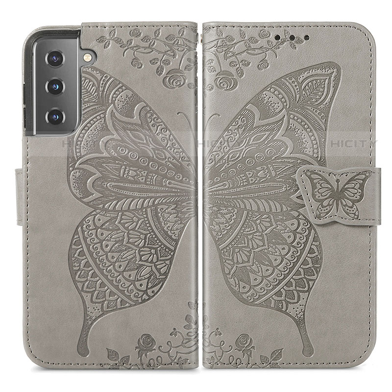 Coque Portefeuille Papillon Livre Cuir Etui Clapet pour Samsung Galaxy S21 FE 5G Gris Plus