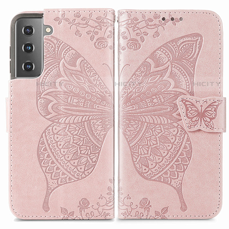 Coque Portefeuille Papillon Livre Cuir Etui Clapet pour Samsung Galaxy S21 FE 5G Rose Plus