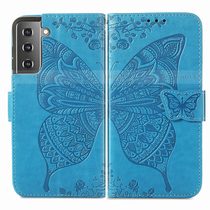 Coque Portefeuille Papillon Livre Cuir Etui Clapet pour Samsung Galaxy S22 5G Bleu Plus