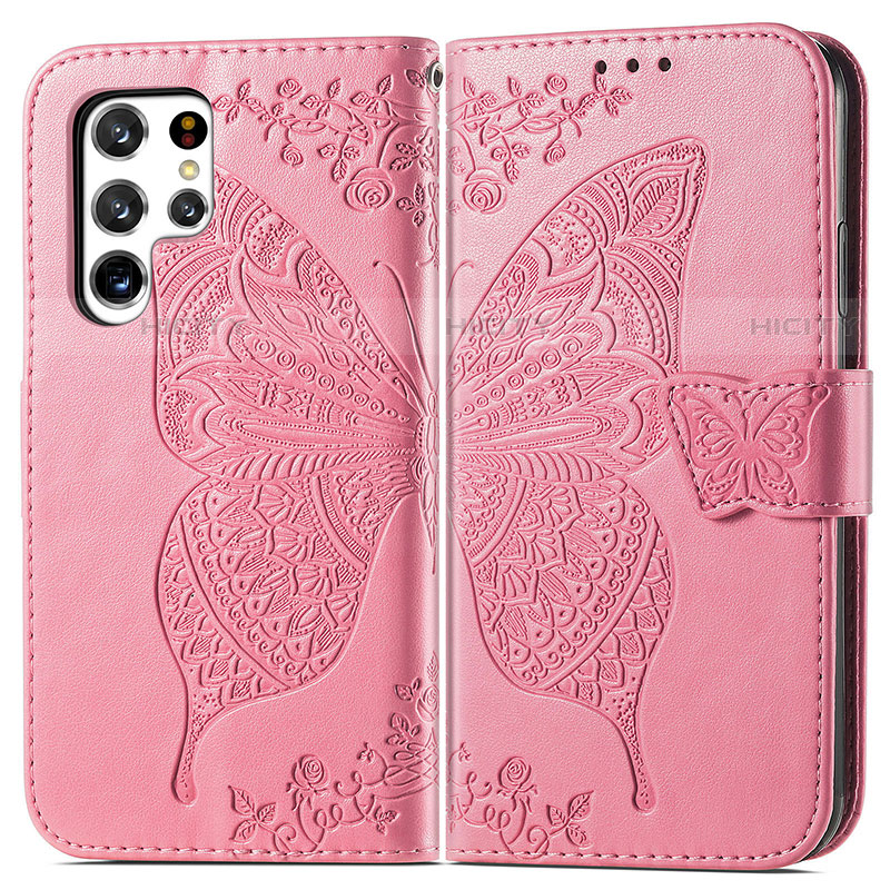 Coque Portefeuille Papillon Livre Cuir Etui Clapet pour Samsung Galaxy S22 Ultra 5G Rose Rouge Plus