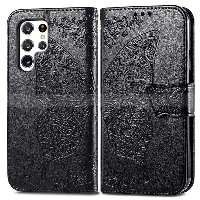 Coque Portefeuille Papillon Livre Cuir Etui Clapet pour Samsung Galaxy S24 Ultra 5G Noir Plus