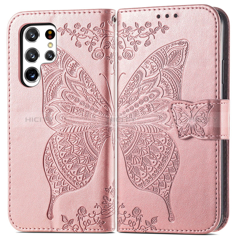 Coque Portefeuille Papillon Livre Cuir Etui Clapet pour Samsung Galaxy S24 Ultra 5G Rose Plus