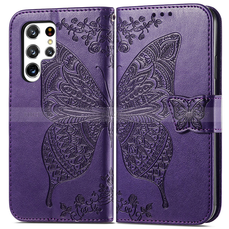 Coque Portefeuille Papillon Livre Cuir Etui Clapet pour Samsung Galaxy S24 Ultra 5G Violet Plus