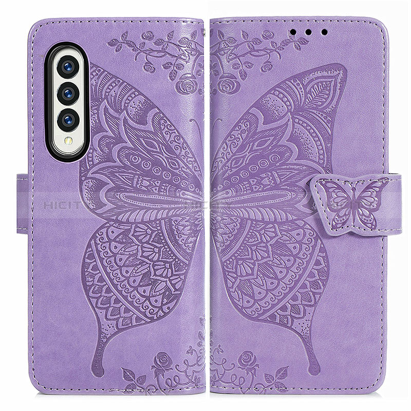 Coque Portefeuille Papillon Livre Cuir Etui Clapet pour Samsung Galaxy Z Fold3 5G Violet Clair Plus