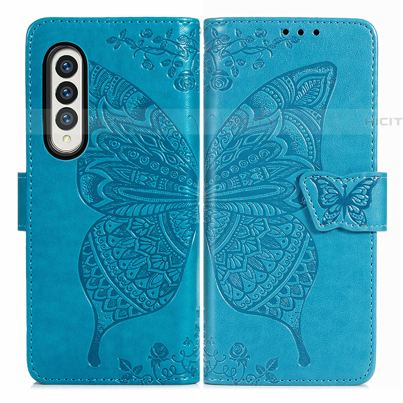 Coque Portefeuille Papillon Livre Cuir Etui Clapet pour Samsung Galaxy Z Fold4 5G Bleu Plus