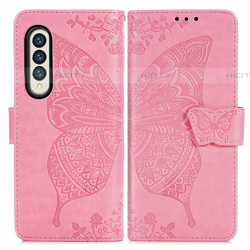 Coque Portefeuille Papillon Livre Cuir Etui Clapet pour Samsung Galaxy Z Fold4 5G Rose Rouge Plus