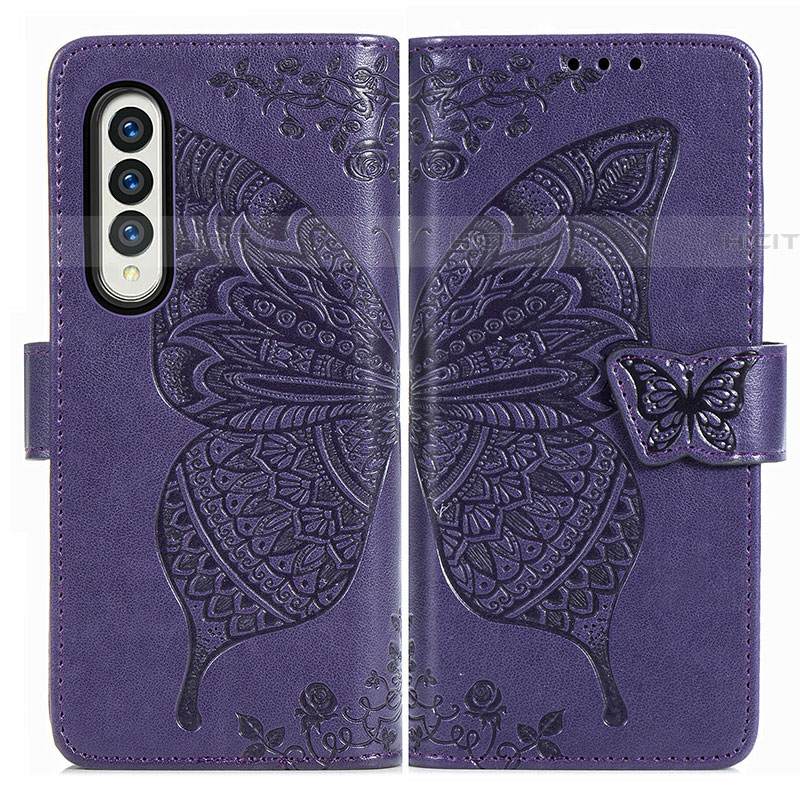 Coque Portefeuille Papillon Livre Cuir Etui Clapet pour Samsung Galaxy Z Fold4 5G Violet Plus