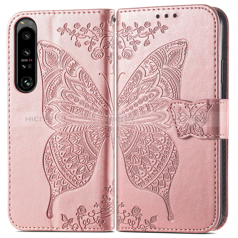 Coque Portefeuille Papillon Livre Cuir Etui Clapet pour Sony Xperia 1 IV Rose Plus