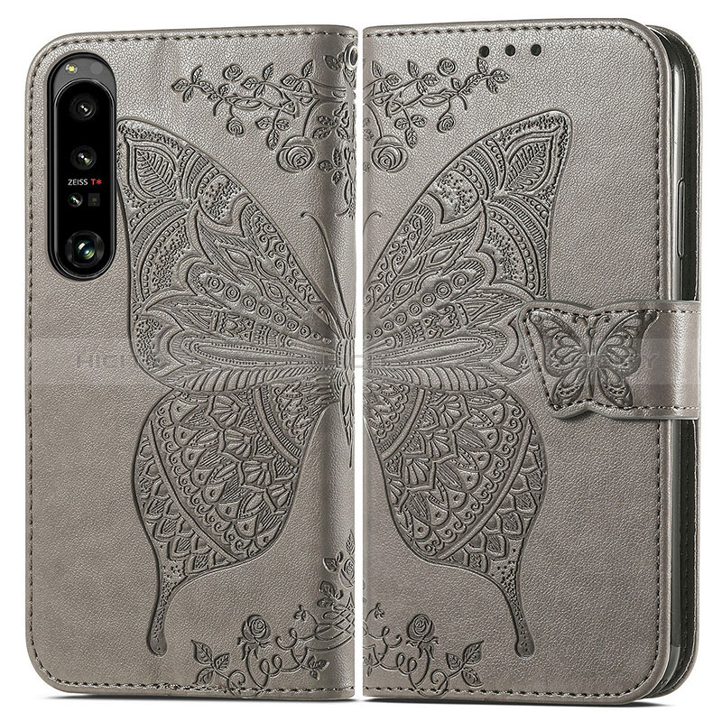 Coque Portefeuille Papillon Livre Cuir Etui Clapet pour Sony Xperia 1 IV SO-51C Gris Plus
