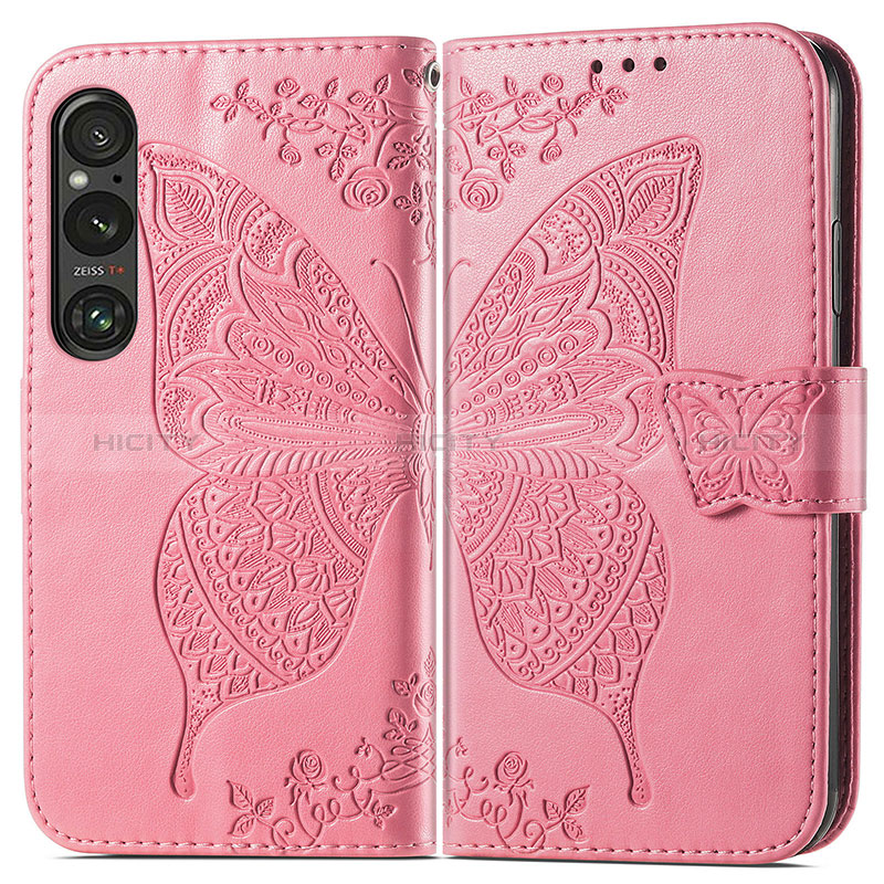 Coque Portefeuille Papillon Livre Cuir Etui Clapet pour Sony Xperia 1 V Rose Rouge Plus