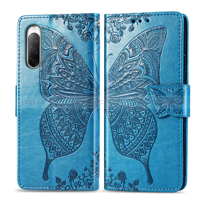 Coque Portefeuille Papillon Livre Cuir Etui Clapet pour Sony Xperia 10 II Bleu Plus