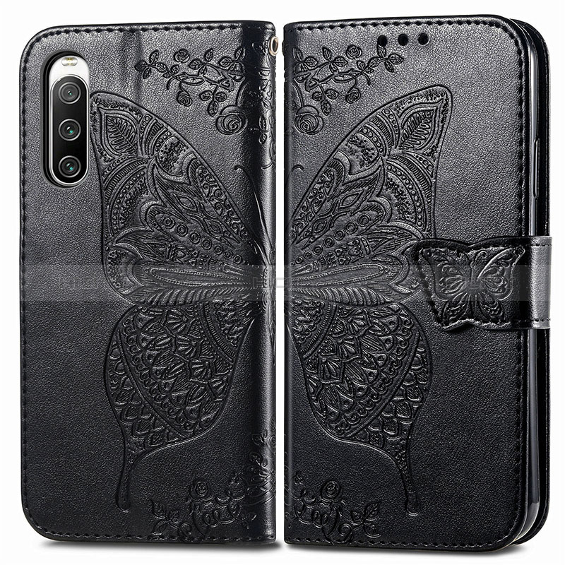 Coque Portefeuille Papillon Livre Cuir Etui Clapet pour Sony Xperia 10 IV Noir Plus