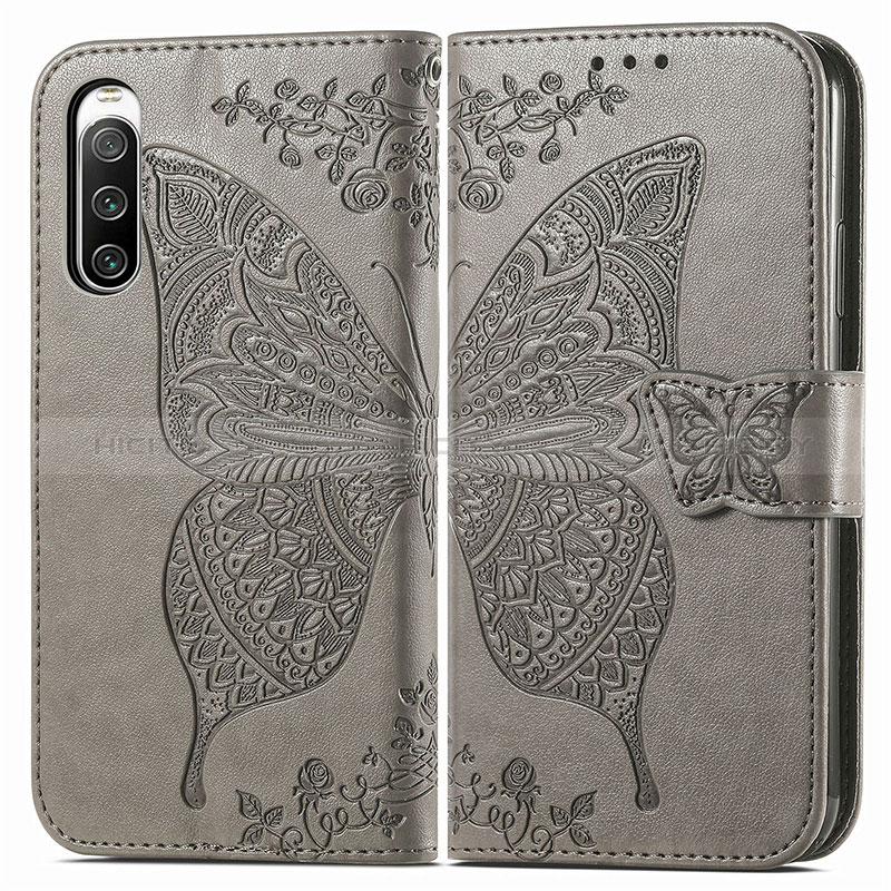 Coque Portefeuille Papillon Livre Cuir Etui Clapet pour Sony Xperia 10 IV SO-52C Gris Plus