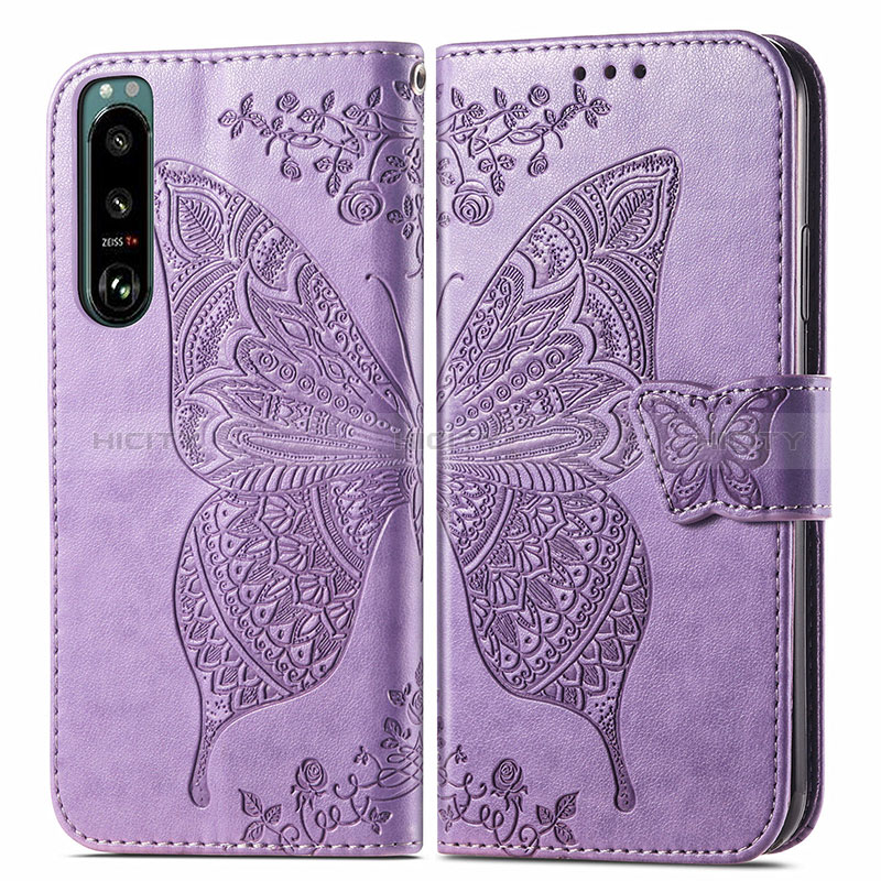 Coque Portefeuille Papillon Livre Cuir Etui Clapet pour Sony Xperia 5 IV Violet Clair Plus