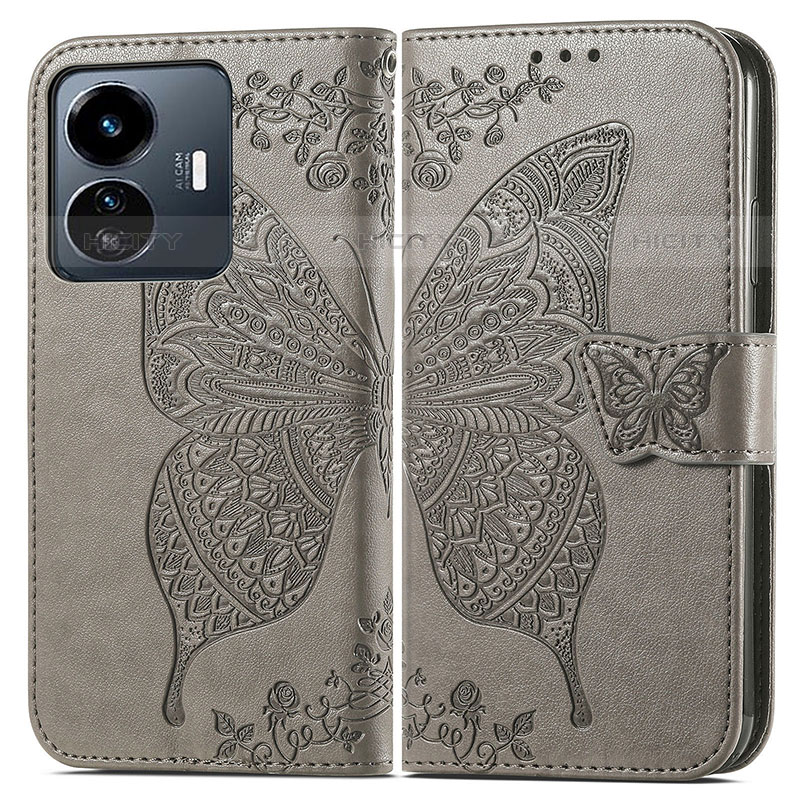 Coque Portefeuille Papillon Livre Cuir Etui Clapet pour Vivo iQOO Z6 Lite 5G Gris Plus