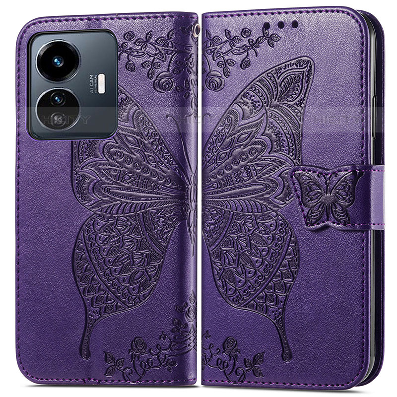 Coque Portefeuille Papillon Livre Cuir Etui Clapet pour Vivo iQOO Z6 Lite 5G Violet Plus