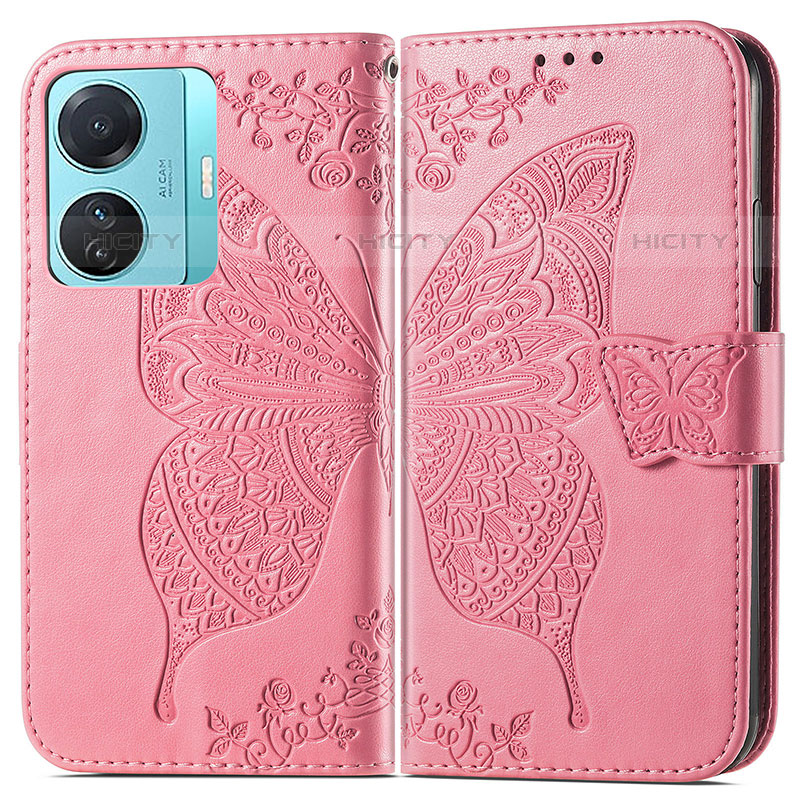 Coque Portefeuille Papillon Livre Cuir Etui Clapet pour Vivo iQOO Z6 Pro 5G Rose Rouge Plus