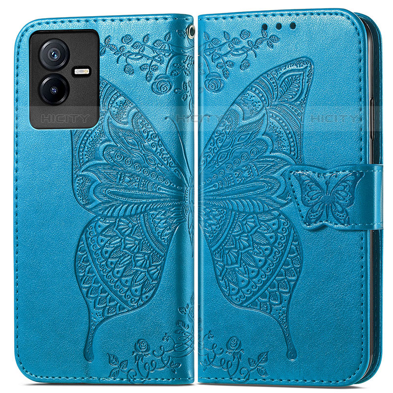 Coque Portefeuille Papillon Livre Cuir Etui Clapet pour Vivo iQOO Z6x Bleu Plus