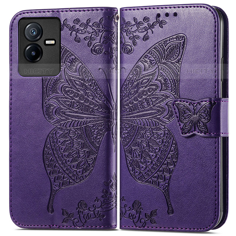 Coque Portefeuille Papillon Livre Cuir Etui Clapet pour Vivo iQOO Z6x Violet Plus