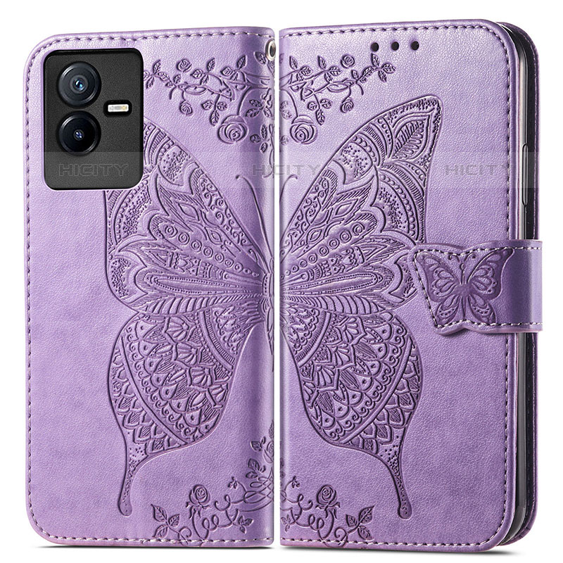 Coque Portefeuille Papillon Livre Cuir Etui Clapet pour Vivo iQOO Z6x Violet Clair Plus