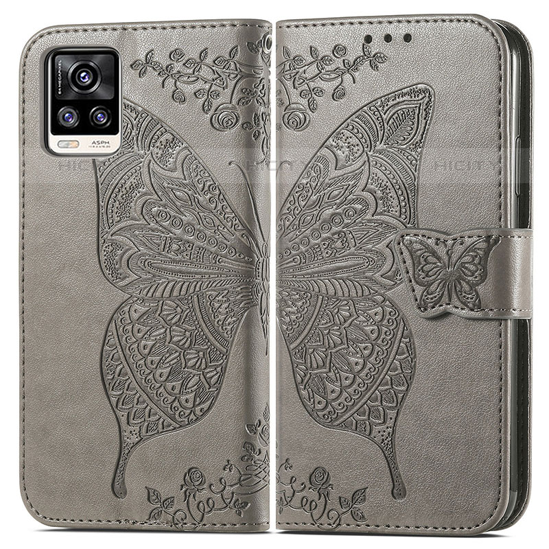 Coque Portefeuille Papillon Livre Cuir Etui Clapet pour Vivo V20 (2021) Gris Plus