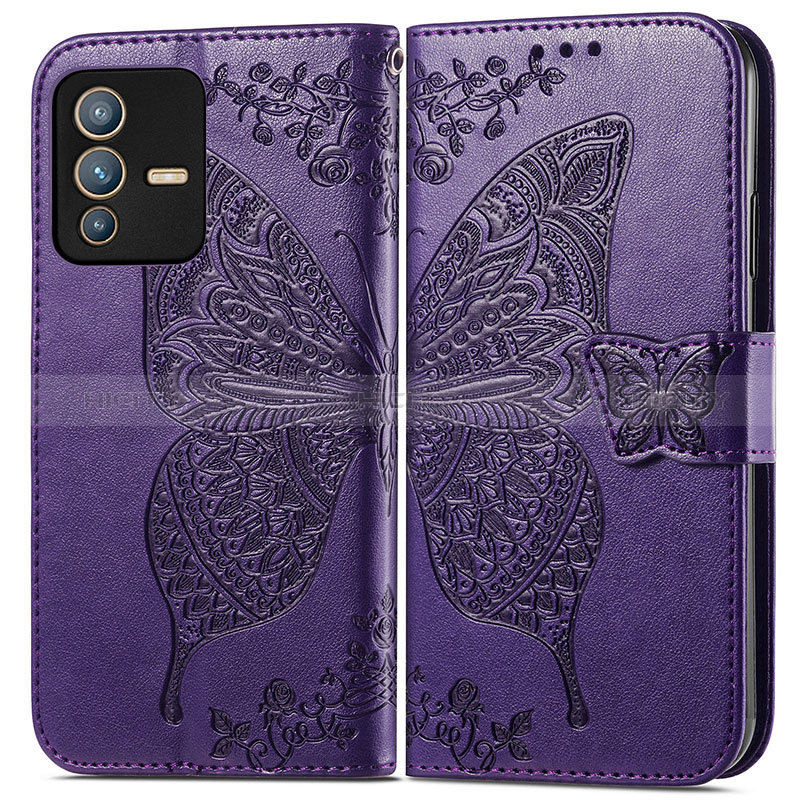 Coque Portefeuille Papillon Livre Cuir Etui Clapet pour Vivo V23 Pro 5G Violet Plus