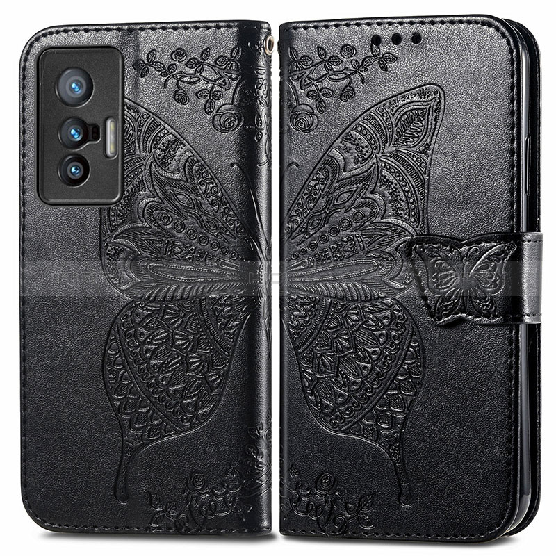 Coque Portefeuille Papillon Livre Cuir Etui Clapet pour Vivo X70 5G Noir Plus