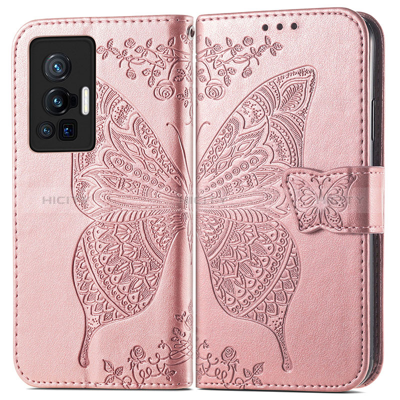 Coque Portefeuille Papillon Livre Cuir Etui Clapet pour Vivo X70 Pro 5G Rose Plus