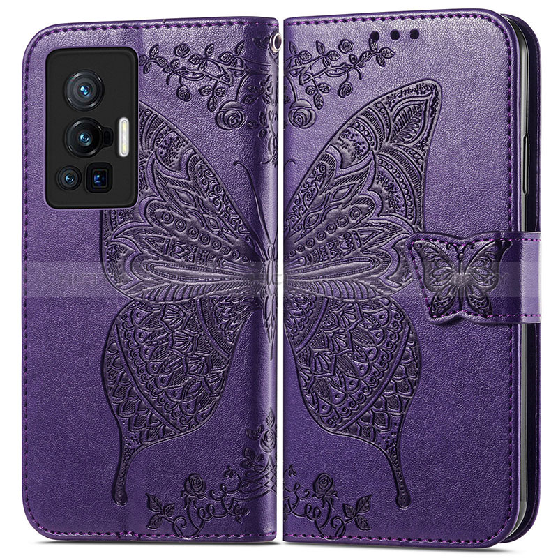 Coque Portefeuille Papillon Livre Cuir Etui Clapet pour Vivo X70 Pro 5G Violet Plus