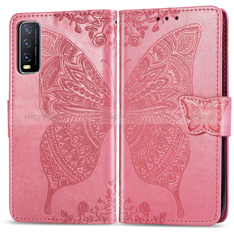 Coque Portefeuille Papillon Livre Cuir Etui Clapet pour Vivo Y12G Rose Rouge Plus