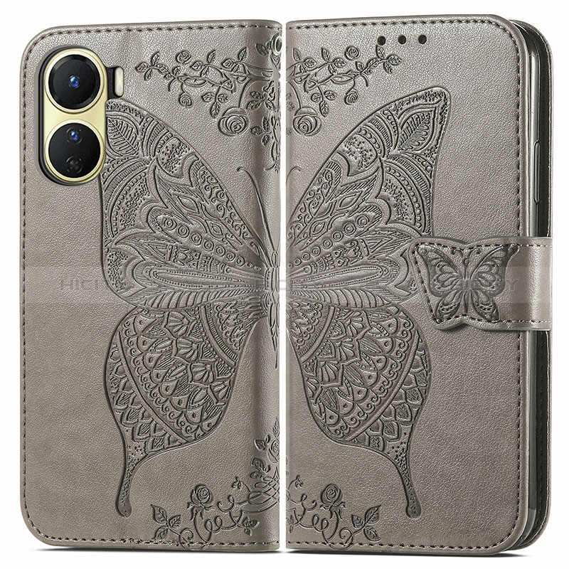 Coque Portefeuille Papillon Livre Cuir Etui Clapet pour Vivo Y16 Gris Plus