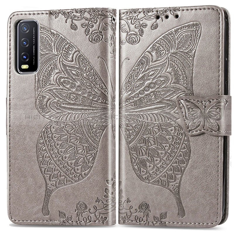 Coque Portefeuille Papillon Livre Cuir Etui Clapet pour Vivo Y20 (2021) Gris Plus