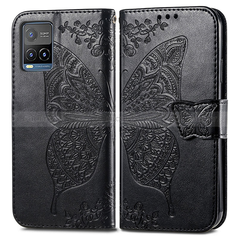 Coque Portefeuille Papillon Livre Cuir Etui Clapet pour Vivo Y21a Noir Plus