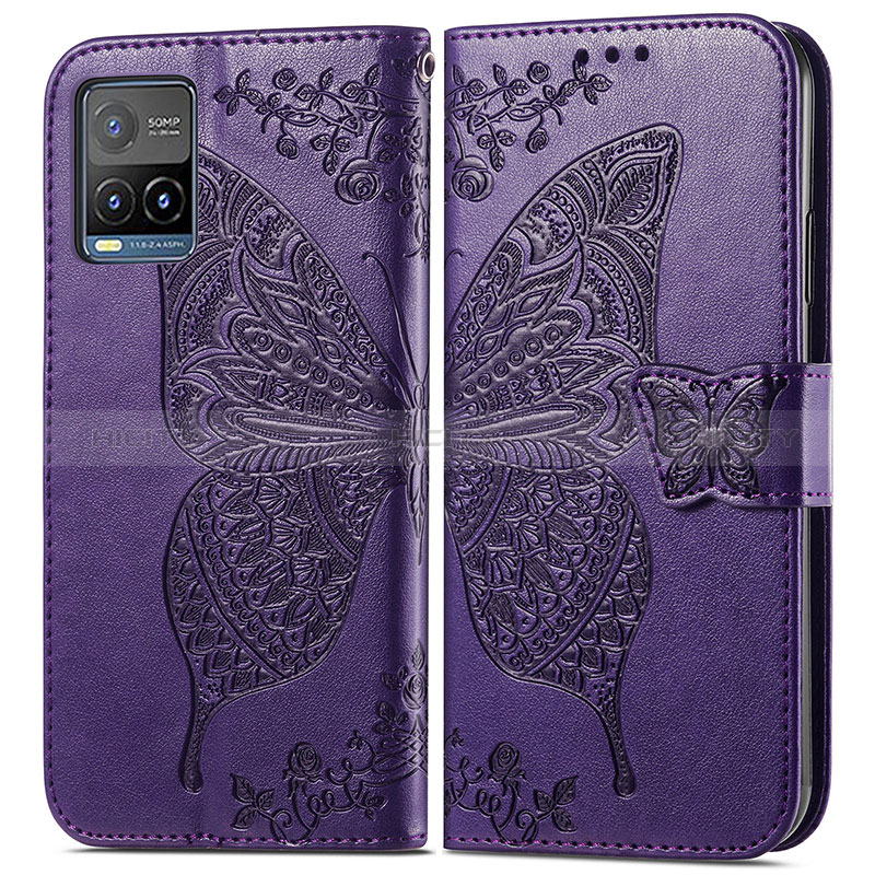 Coque Portefeuille Papillon Livre Cuir Etui Clapet pour Vivo Y21a Violet Plus