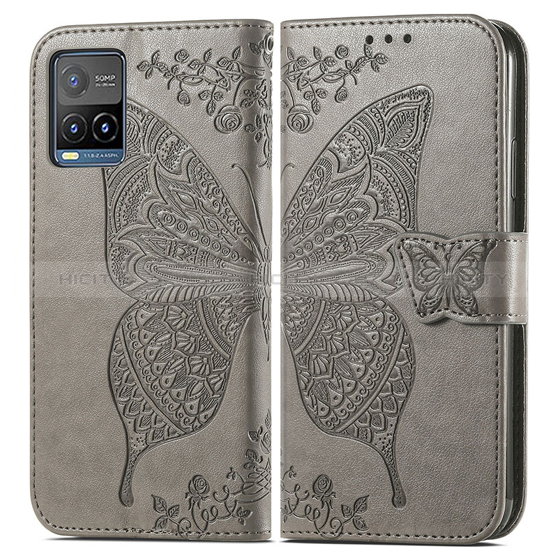 Coque Portefeuille Papillon Livre Cuir Etui Clapet pour Vivo Y21G Gris Plus