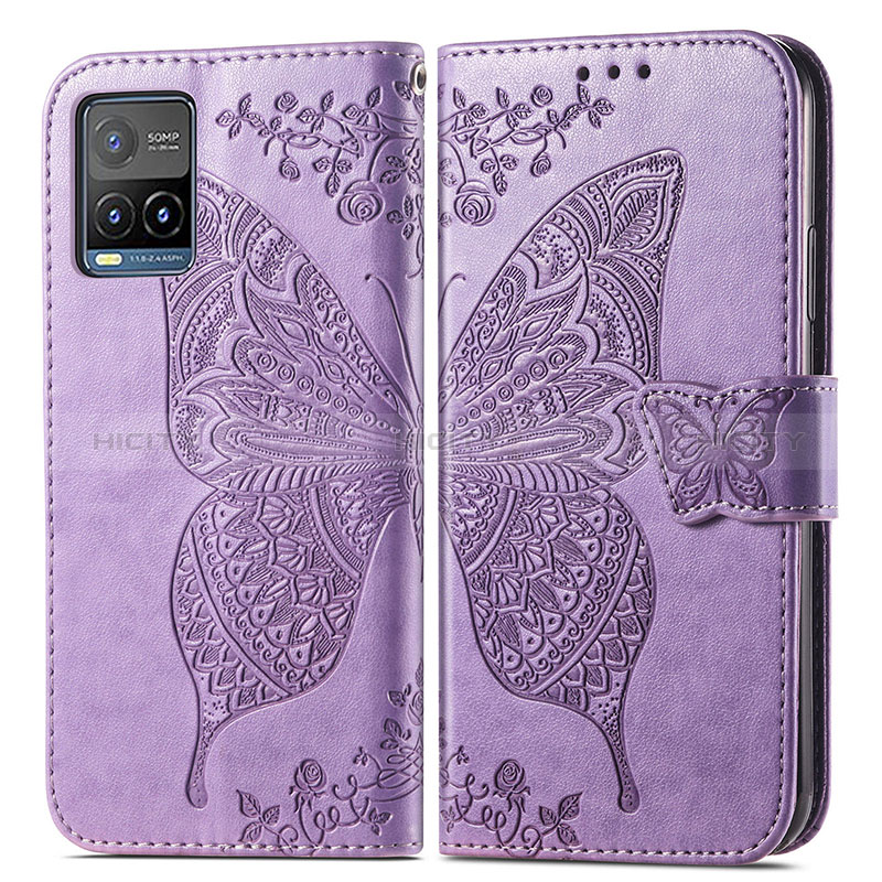 Coque Portefeuille Papillon Livre Cuir Etui Clapet pour Vivo Y21G Violet Clair Plus