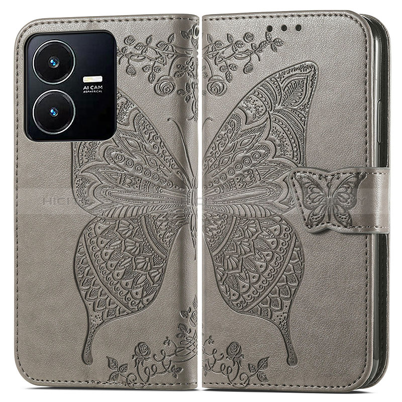 Coque Portefeuille Papillon Livre Cuir Etui Clapet pour Vivo Y22 Gris Plus