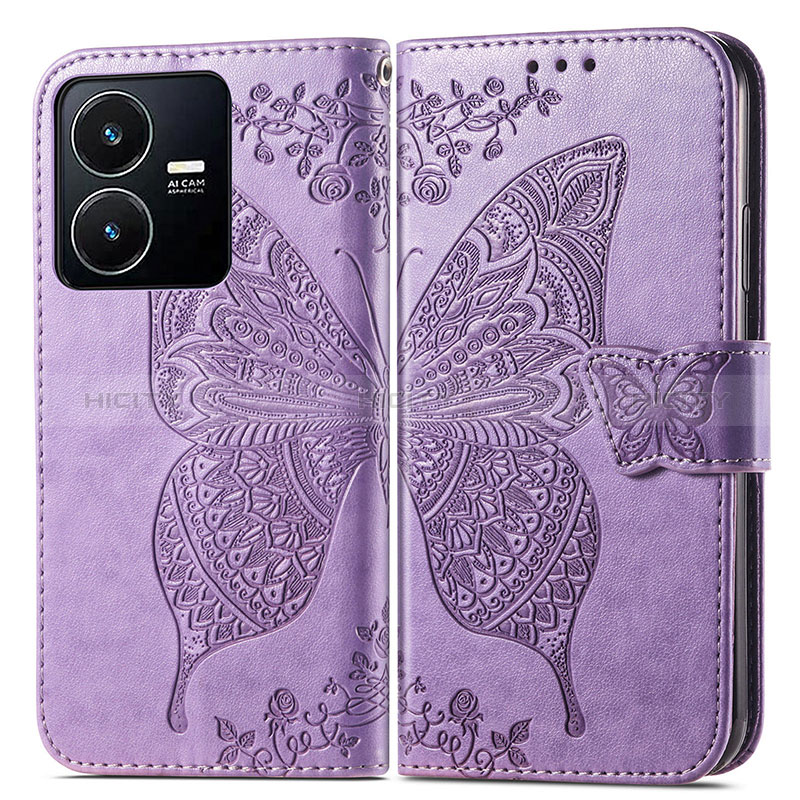 Coque Portefeuille Papillon Livre Cuir Etui Clapet pour Vivo Y22 Violet Clair Plus