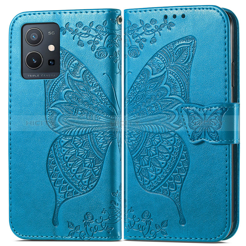 Coque Portefeuille Papillon Livre Cuir Etui Clapet pour Vivo Y30 5G Bleu Plus