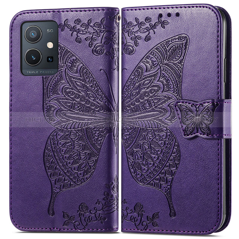 Coque Portefeuille Papillon Livre Cuir Etui Clapet pour Vivo Y30 5G Violet Plus